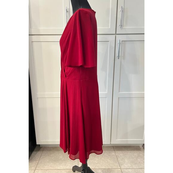 LAUREN Ralph Lauren Red Chiffon Dress Women's Sz 12 Midi Blue Label Short Sleeve - Picture 6 of 6